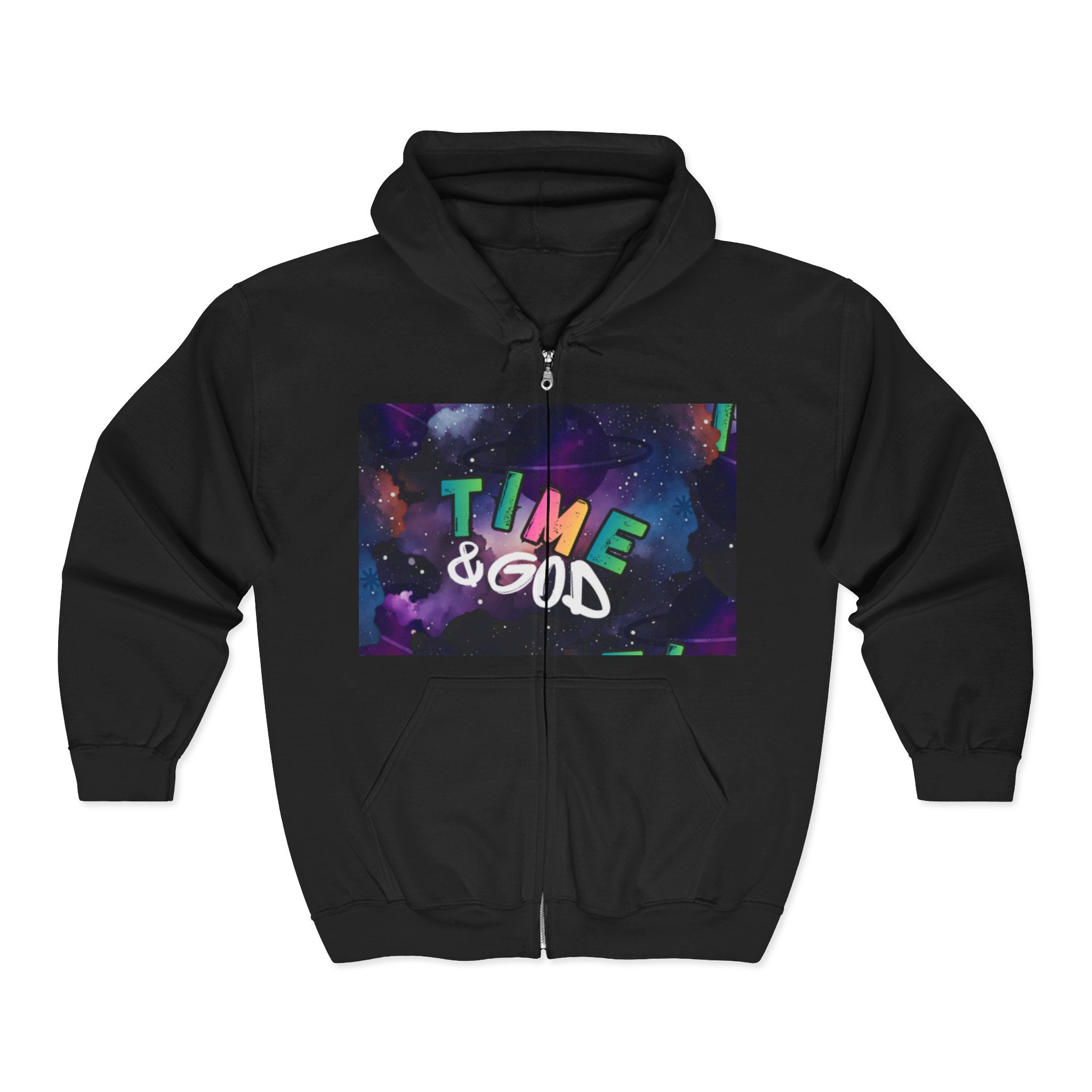 Time & God Zip Hoodie — Galaxy Graphic Full-Zip Sweatshirt