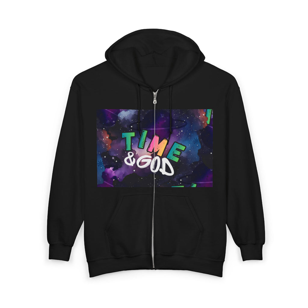 Time & God Zip Hoodie — Galaxy Graphic Full-Zip Sweatshirt