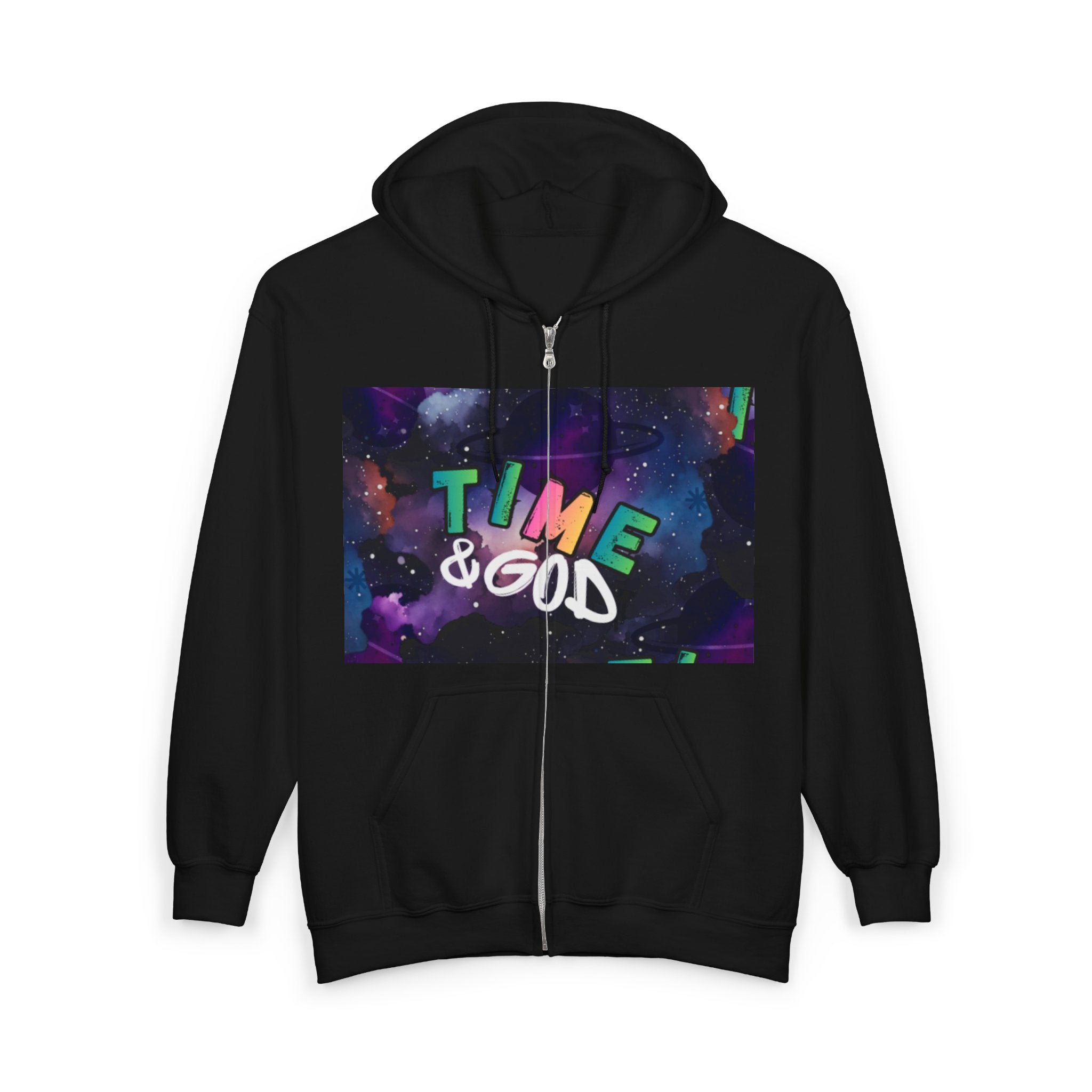 Time & God Zip Hoodie — Galaxy Graphic Full-Zip Sweatshirt