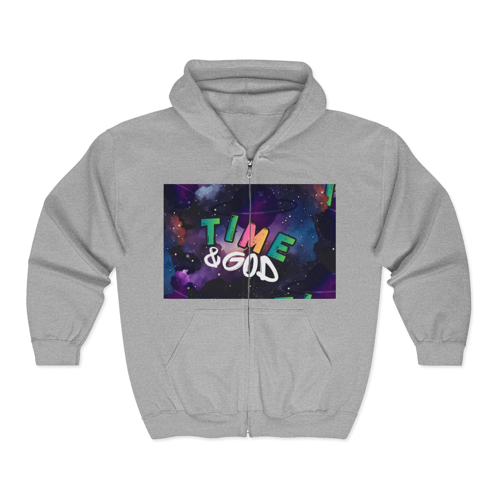 Time & God Zip Hoodie — Galaxy Graphic Full-Zip Sweatshirt