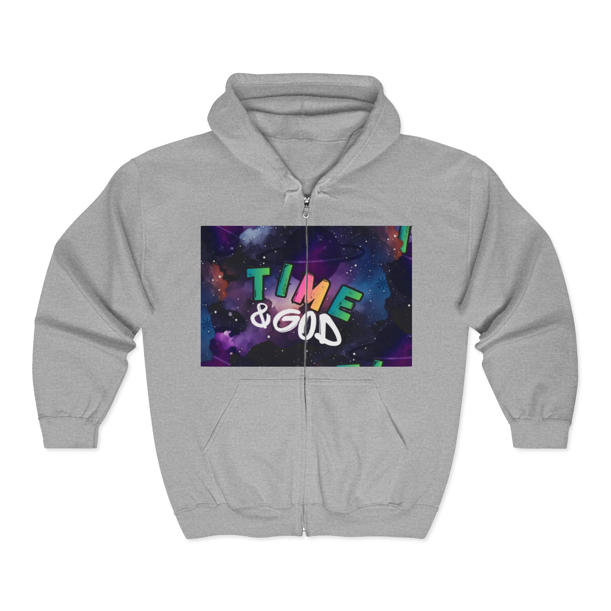 Time & God Zip Hoodie — Galaxy Graphic Full-Zip Sweatshirt