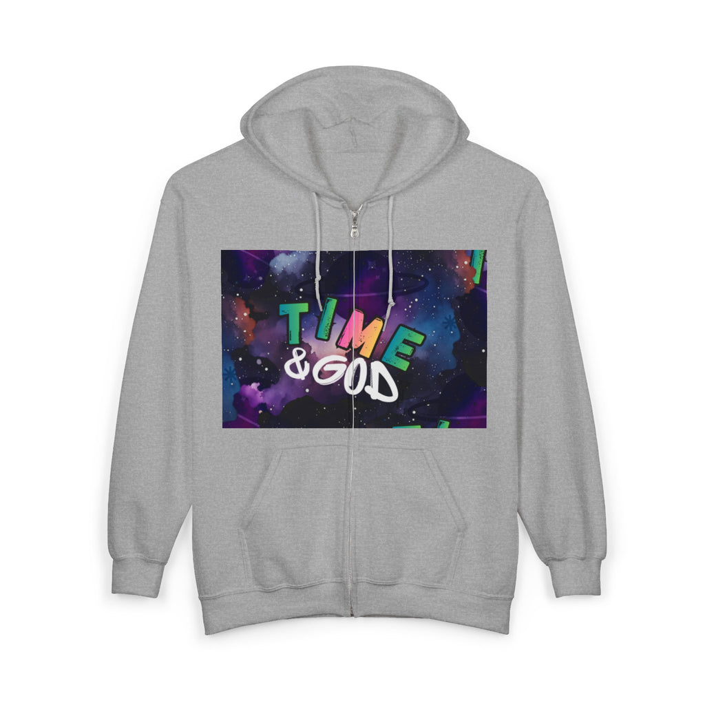 Time & God Zip Hoodie — Galaxy Graphic Full-Zip Sweatshirt