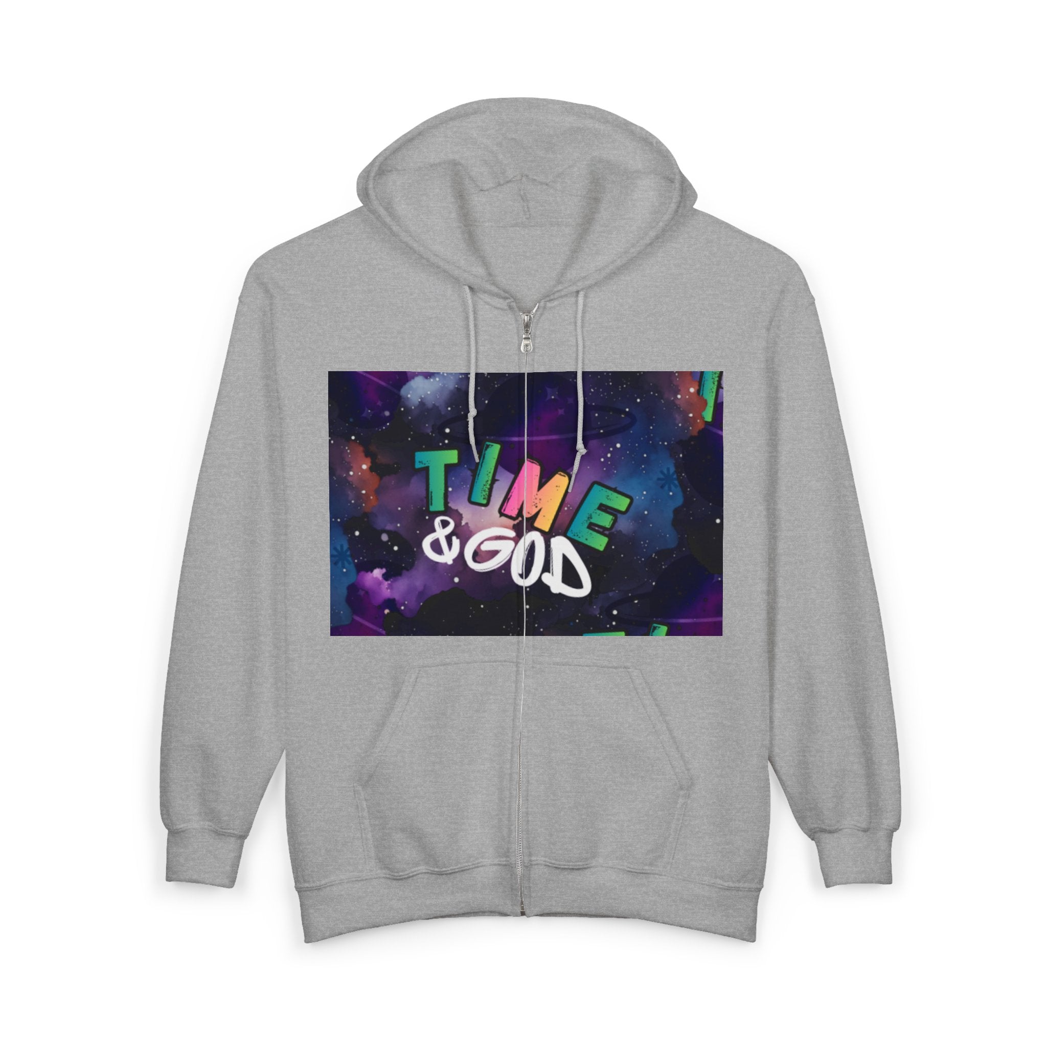 Time & God Zip Hoodie — Galaxy Graphic Full-Zip Sweatshirt
